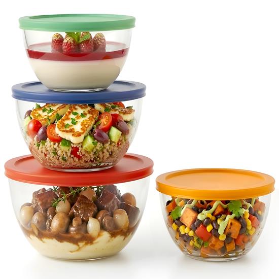 Pyle - NCGL4MXG , Home and Office , Storage - Organization , 4 Sets of High Borosilicate Glass Mixing Bowl with PE Lids, Space-Saving Nesting Bowls