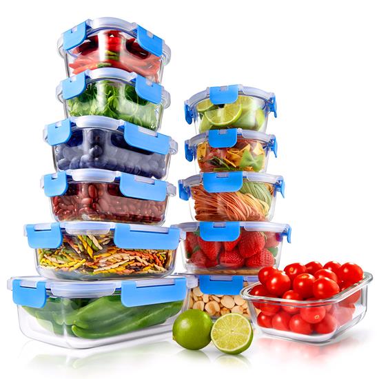 Pyle - NCGLBU.5 , Home and Office , Storage - Organization , 24-Piece Superior Glass Food Storage Containers Set - Stackable Design with Newly Innovated Hinged BPA-free Locking lids (Blue)
