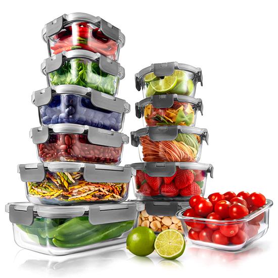 Pyle - NCGLGY , Home and Office , Storage - Organization , 24-Piece Superior Glass Food Storage Containers Set - Stackable Design with Newly Innovated Hinged BPA-free Locking lids (Gray)