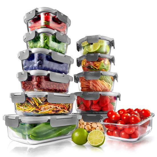 Pyle - NCGLGY , Home and Office , Storage - Organization , 24-Piece Superior Glass Food Storage Containers Set - Stackable Design with Newly Innovated Hinged BPA-free Locking lids (Gray)