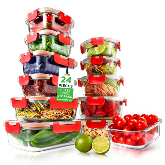 Pyle - NCGLRED , Home and Office , Storage - Organization , 24-Piece Superior Glass Food Storage Containers Set - Stackable Design with Newly Innovated Hinged BPA-free Locking lids (Red)
