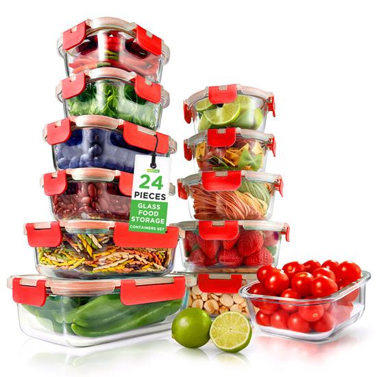 Pyle - NCGLRED.5 , Home and Office , Storage - Organization , 24-Piece Superior Glass Food Storage Containers Set - Stackable Design with Newly Innovated Hinged BPA-free Locking lids (Red)