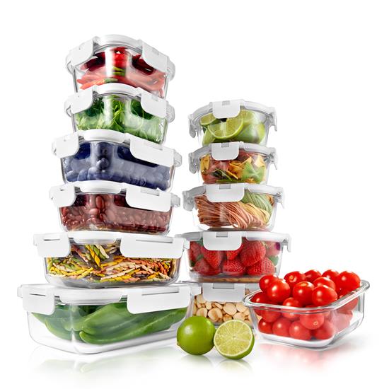 Pyle - NCGLWHT ,  , 24-Piece Superior Glass Food Storage Containers Set - Stackable Design with Newly Innovated Hinged BPA-free Locking lids (White)