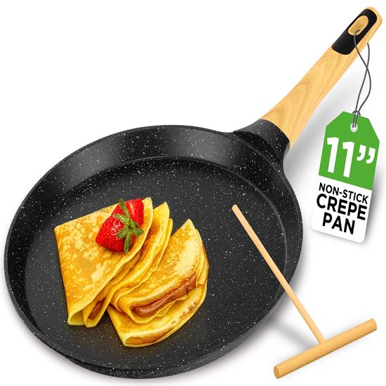 Pyle - NCMKCP002411BK , Kitchen & Cooking , 11” Non-Stick Crepe Pan with Spreader with Wooden Spreader, Bakelite Handle with Wooden Soft Touch and Induction Bottom (Black Marble)