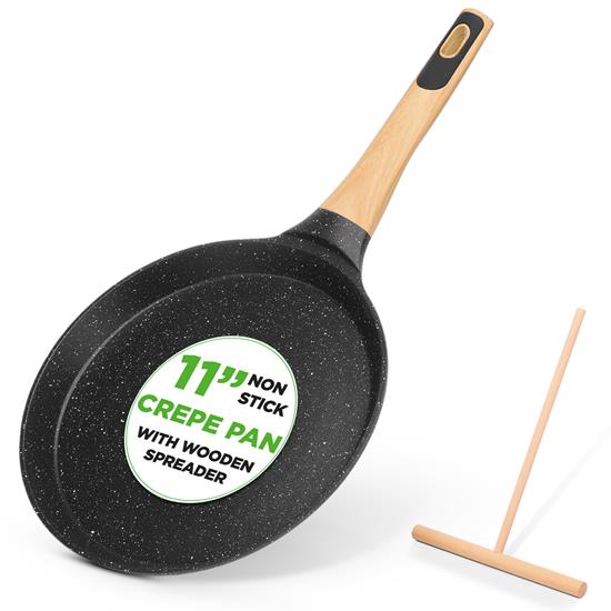 Pyle - NCMKCP002411BKX2 , Kitchen & Cooking , 2-Piece 11” Non-Stick Crepe Pan with Wooden Spreader, Bakelite Handle with Wooden Soft Touch and Induction Bottom (Black Marble)