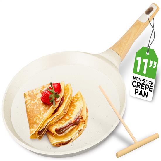 Pyle - NCMKCP002411WT , Kitchen & Cooking , 11” Non-Stick Crepe Pan with Spreader with Wooden Spreader, Bakelite Handle with Wooden Soft Touch and Induction Bottom (White Cream Marble)