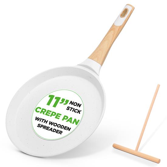 Pyle - NCMKCP002411WT , Kitchen & Cooking , 11” Non-Stick Crepe Pan with Spreader with Wooden Spreader, Bakelite Handle with Wooden Soft Touch and Induction Bottom (White Cream Marble)
