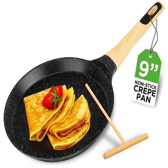 Pyle - NCMKCP0024BK , Kitchen & Cooking , 9.45” Non-Stick Crepe Pan with Spreader with Wooden Spreader, Bakelite Handle with Wooden Soft Touch and Induction Bottom (Black Marble)