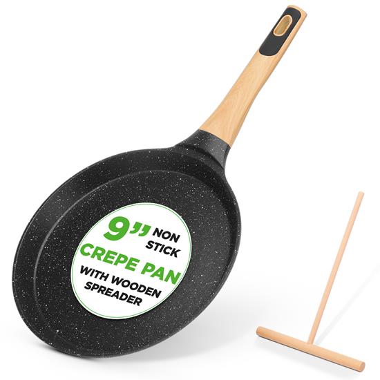 Pyle - NCMKCP0024BKX2 , Kitchen & Cooking , 2-Piece 9.45” Non-Stick Crepe Pan with Wooden Spreader, Bakelite Handle with Wooden Soft Touch and Induction Bottom (Black Marble)