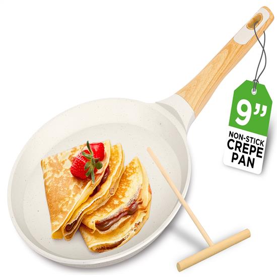Pyle - NCMKCP0024WT , Kitchen & Cooking , 9.45” Non-Stick Crepe Pan with Spreader with Wooden Spreader, Bakelite Handle with Wooden Soft Touch and Induction Bottom (White Cream Marble)