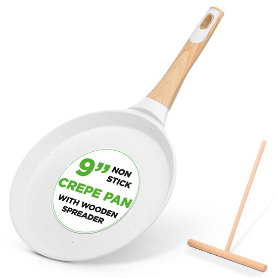 Pyle - NCMKCP0024WTX2 , Kitchen & Cooking , 2-Piece 9.45” Non-Stick Crepe Pan with Wooden Spreader, Bakelite Handle with Wooden Soft Touch and Induction Bottom (White Cream Marble)