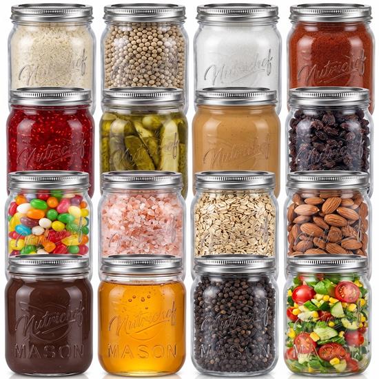 Pyle - NCMSJ16 , Home and Office , Storage - Organization , 16 Pcs. Glass Mason Jars with Regular Lids and Bands, DIY Magnetic Spice Jars, Ideal for Meal Prep, Jam, Honey, Wedding Favors, and more