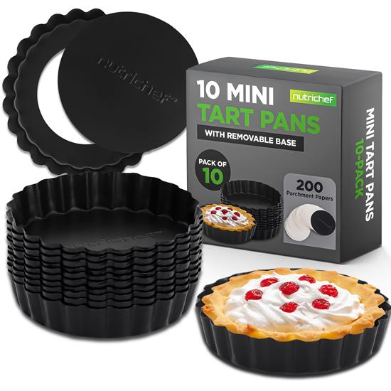 Pyle - NCMTRT10BK , Kitchen & Cooking , Cookware & Bakeware , 10 Piece Set of Non-Stick Mini Tart Pans - with Removable Base and 200 Pieces Parchment Paper for Tart and Pizza Baking (Black)