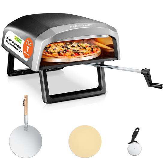 Pyle - NCPIZRTACC , Kitchen & Cooking , Ovens & Cookers , 360° Portable Pizza Oven with Rotating Pizza Stone, Rain Cover, Regulator, and Hose – Suitable for Outdoor & Indoor Use (Black)