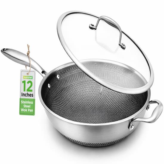 Pyle - NCS3PWOK.5 , Kitchen & Cooking , Cookware & Bakeware , 12'' Durable Wok with Side Handle - Triply Stainless Steel Cookware, DAKIN Etching Non-Stick Coating Inside and Outside