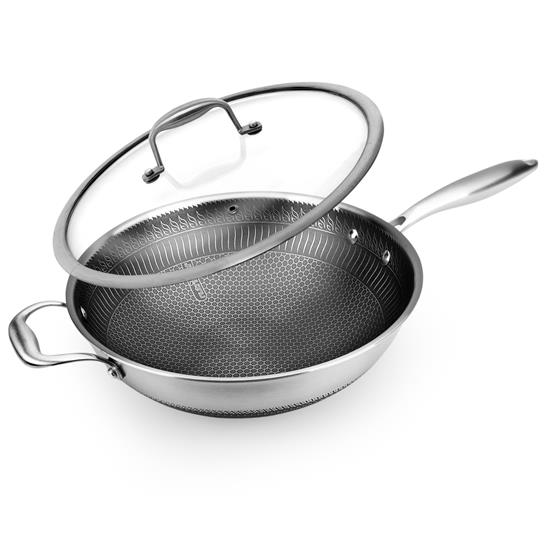 Pyle - NCS3PWOK , Kitchen & Cooking , Cookware & Bakeware , 12'' Durable Wok with Side Handle - Triply Stainless Steel Cookware, DAKIN Etching Non-Stick Coating Inside and Outside