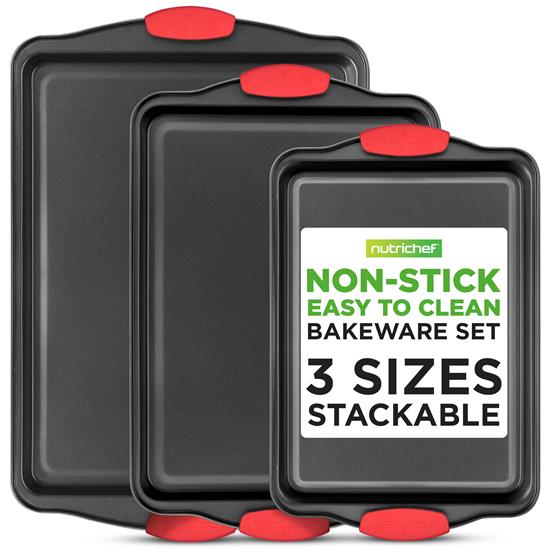 Pyle - NCSBS3S.5 , Kitchen & Cooking , Kitchen Tools & Utensils , Kitchen Oven Baking Pans - Deluxe Nonstick Gray Coating Inside & Outside Carbon Steel Bakeware Set With Red Silicone Handles (3-Pieces)