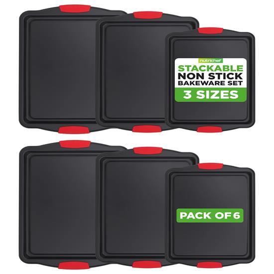Pyle - NCSBS3SX2 , Kitchen & Cooking , Kitchen Tools & Utensils , Kitchen Oven Baking Pans - Deluxe Nonstick Gray Coating Inside & Outside Carbon Steel Bakeware Set With Red Silicone Handles (6-Pieces)