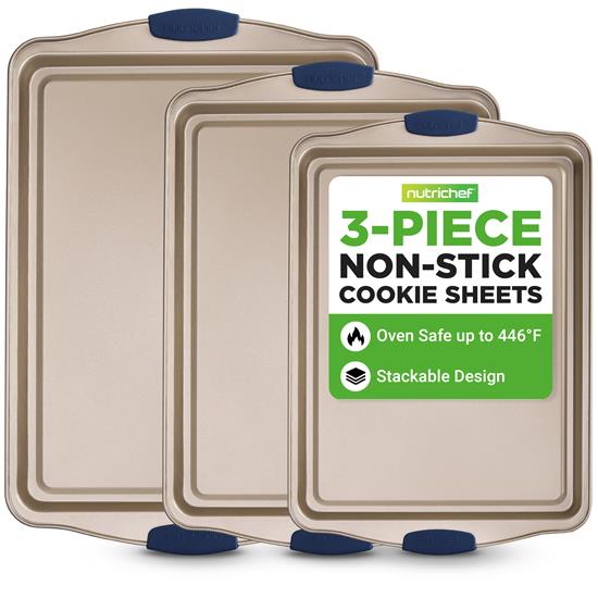 Pyle - NCSBSG63.5 , Kitchen & Cooking , Cookware & Bakeware , Kitchen Oven Baking Pans - Deluxe Nonstick Gold Coating Inside and outside Carbon Steel Bakeware Set With Blue Silicone Handles (3-Pieces)