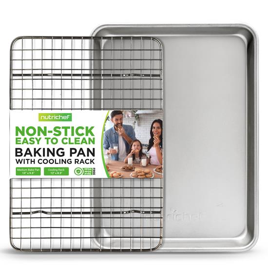 Pyle - NCSSM75 , Kitchen & Cooking , Cookware & Bakeware , Nonstick Cookie Sheet Baking Pan with Cooling Rack - Professional Quality Kitchen Cooking Non-Stick Bake Trays with Silver Coating Inside & Outside (Medium Size)