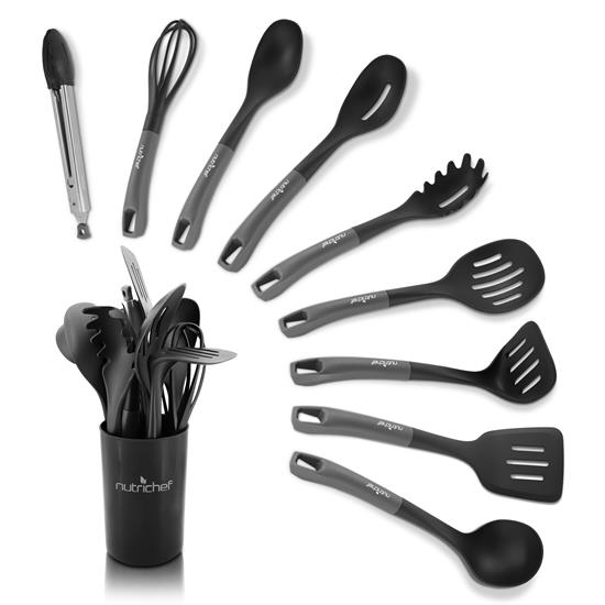 Pyle - NCUTL10BD , Kitchen & Cooking , Kitchen Tools & Utensils , 10 Pcs. Silicone Heat Resistant Kitchen Cooking Utensils Set - Non-Stick Baking Tools with PP Holder (Gray & Black)