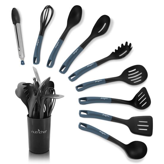 Pyle - NCUTL10DS , Kitchen & Cooking , Kitchen Tools & Utensils , 10 Pcs. Silicone Heat Resistant Kitchen Cooking Utensils Set - Non-Stick Baking Tools with PP Holder (Blue & Black)