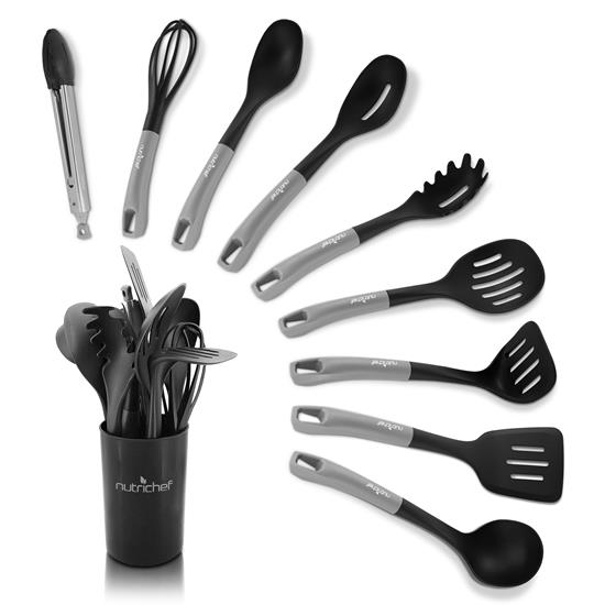Pyle - NCUTL10GD , Kitchen & Cooking , Kitchen Tools & Utensils , 10 Pcs. Silicone Heat Resistant Kitchen Cooking Utensils Set - Non-Stick Baking Tools with PP Holder (Silver & Black)