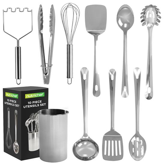 Pyle - NCUTLSSET10 , Kitchen & Cooking , Kitchen Tools & Utensils , 10 Pcs. Stainless Steel Kitchen Utensils Set  - Nonstick & Heat Resistant with High-Quality SS Utensil Holder, Spoon, Slotted Spoon, Turner, Slotted Turner, Ladle, Pasta Server, Server, Food Tong, Masher and Whisk