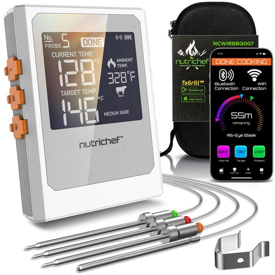 Pyle - NCWIRBBQ007 , Kitchen & Cooking , BBQ & Grilling , Smart BBQ Grill Thermometer - Digital Display, Stainless Dual Probes Safe to Leave in Outdoor Barbecue Meat Smoker - Wireless Remote Alert iOS Android Phone WiFi App