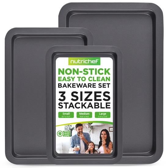 Pyle - NCZK3B , Kitchen & Cooking , Cookware & Bakeware , 3-Pc. Nonstick Cookie Sheet Baking Pan - Professional Quality Kitchen Cooking Non-Stick Bake Trays with Black Coating Inside & Outside
