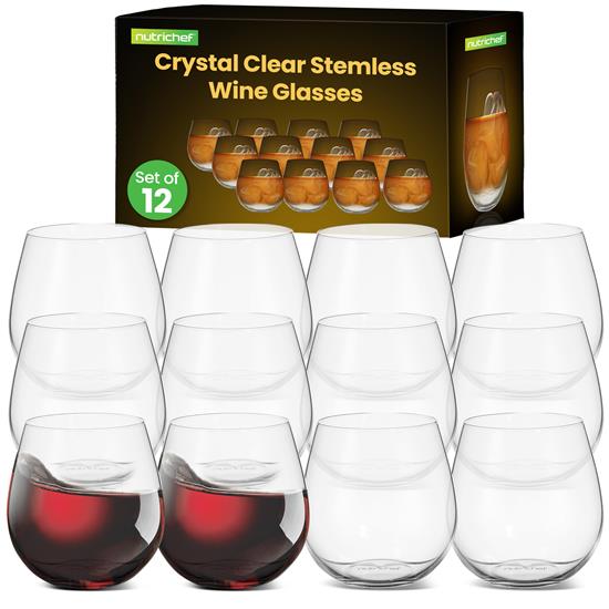 Pyle - NGLWINE99.6 , Kitchen & Cooking , Kitchen Tools & Utensils , 12 Pcs. of Crystal-Clear Stemless Wine Glass - Ultra Clear and Thin, Elegant Clear Wine Glasses, Hand Blown