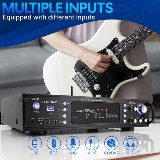 Pyle Hybrid Amplifier Receiver 3000W - Bluetooth, AUX, USB, RCA Inputs, Black P3301BAT