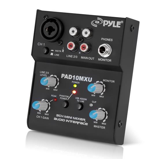 Pyle - PAD10MXU , Sound and Recording , Mixers - DJ Controllers , 2-Channel Mini Audio Mixer with USB Audio Interface (18V Phantom Power)