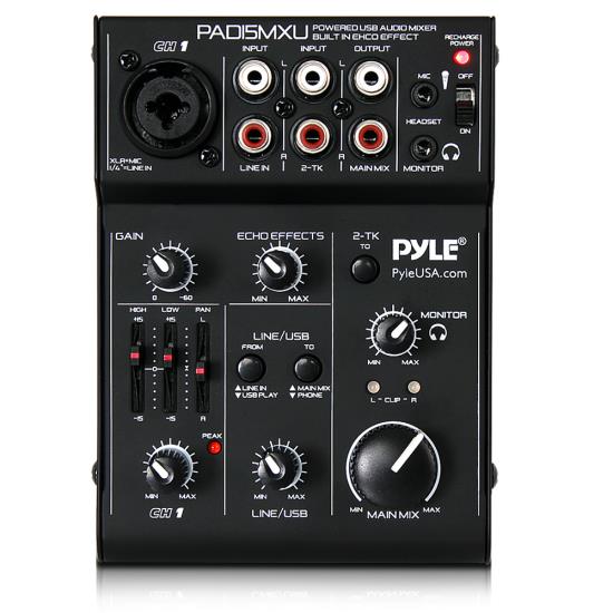 Pyle - PAD15MXU , Sound and Recording , Mixers - DJ Controllers , 3-Channel USB Audio/Sound Mixer Recording Interface with Built-in Rechargeable Battery