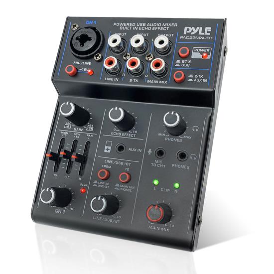 Pyle - PAD33MXUBT , Sound and Recording , Mixers - DJ Controllers , 3-Channel Wireless BT Streaming Mini Audio Mixer - 1 Mono + 2 Stereo (Line In & 2-TK) Inputs, Compact DJ Mixer with USB Audio Interface (+48V DC Phantom Power)