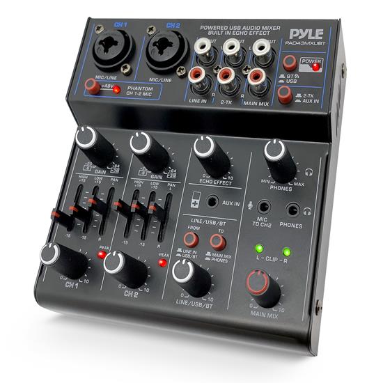 Pyle - PAD43MXUBT , Sound and Recording , Mixers - DJ Controllers , 4-Channel Wireless BT Streaming Mini Audio Mixer - 2 Mono + 2 Stereo (Line In & 2-TK) Inputs, Compact DJ Mixer with USB Audio Interface (+48V DC Phantom Power)