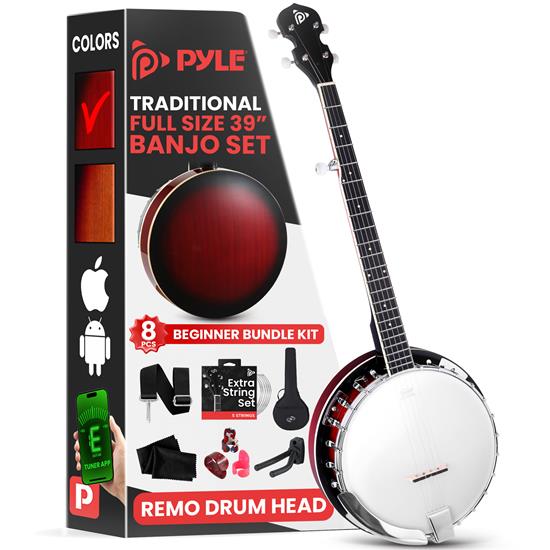 Pyle - PBJ140 , Musical Instruments , Banjo - Ukulele , 5-String Banjo with White Pearl Color Plastic Tune Pegs & High-Density Man-made Wood Fretboard and Accessory Kit (Redburst)