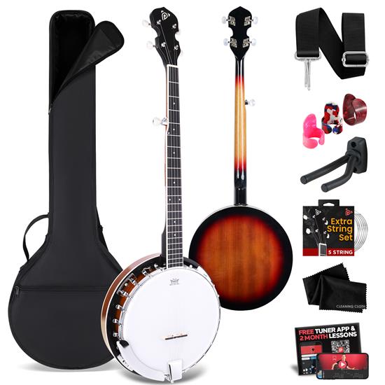 Pyle - PBJ140.9 , Musical Instruments , Banjo - Ukulele , 5-String Banjo with White Pearl Color Plastic Tune Pegs & High-Density Man-made Wood Fretboard and Accessory Kit (Redburst)