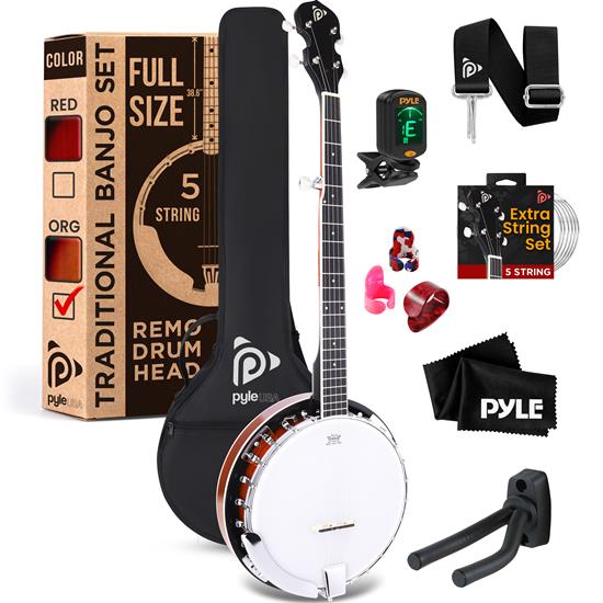 Pyle - PBJ140SB , Musical Instruments , Banjo - Ukulele , 5-String Banjo with White Pearl Color Plastic Tune Pegs & High-Density Man-made Wood Fretboard and Accessory Kit (Sunburst)