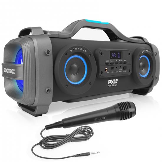 Pyle - PBMSPG148 , Sports and Outdoors , Portable Speakers - Boom Boxes , Gadgets and Handheld , Portable Speakers - Boom Boxes , Bluetooth BoomBox Karaoke Speaker System - Wireless & Portable Stereo Radio Speaker with Wired Handheld Microphone, Flashing DJ Party Lights, FM Radio