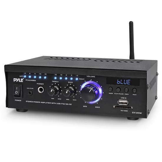 Pyle - CA-PCAU46BA , Sound and Recording , Amplifiers - Receivers , Audio Speaker Power Amplifier System - 2x120 Watt Digital Amp w/ Headphone Jack, MP3/USB/SD/MMC Card Reader/FM Radio/Bluetooth Receiver w/AUX, CD Inputs & Blue LED Display