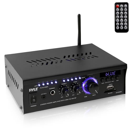 Pyle - PCAU48BT , Sound and Recording , Amplifiers - Receivers , Bluetooth Mini Blue Series Stereo Power Amplifier - USB/SD Readers, USB Charge, RCA/AUX Input, Remote Control (2 x 120 Watt)