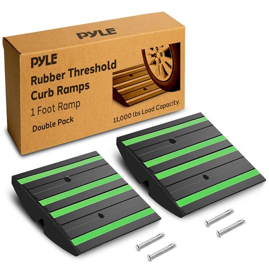 Pyle - PCRMP1DG , On the Road , Protective Storage Covers , 1 Ft. Each Double Pack Rubber Threshold Curved Curb-Side Ramp with Yellow Reflective Lighting Strip and Expansion Screws (Green)