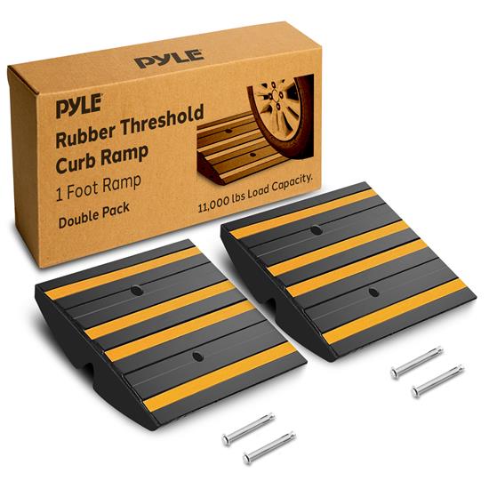 Pyle - PCRMP1DY , On the Road , Protective Storage Covers , 1 Ft. Each Double Pack Rubber Threshold Curved Curb-Side Ramp with Yellow Reflective Lighting Strip and Expansion Screws (Yellow)