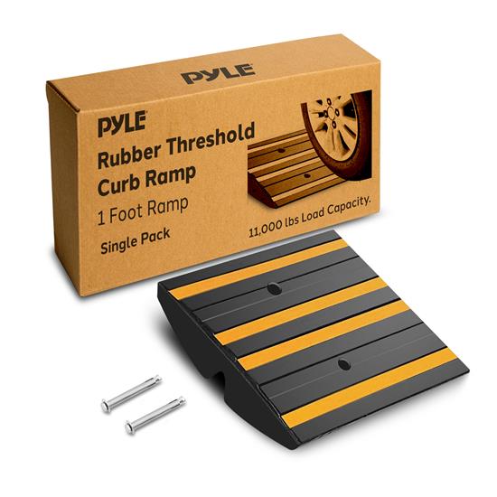 Pyle - PCRMP1SY , On the Road , Protective Storage Covers , 1 Ft. Single Pack Rubber Threshold Curved Curb-Side Ramp with Green Reflective Lighting Strip and Expansion Screws (Yellow)