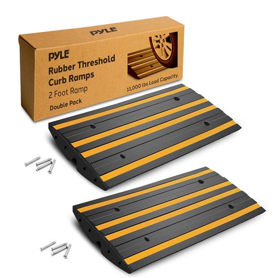 Pyle - PCRMP2DY , On the Road , Protective Storage Covers , 2 Ft. Each Double Pack Rubber Threshold Curved Curb-Side Ramp with Yellow Reflective Lighting Strip and Expansion Screws (Yellow)
