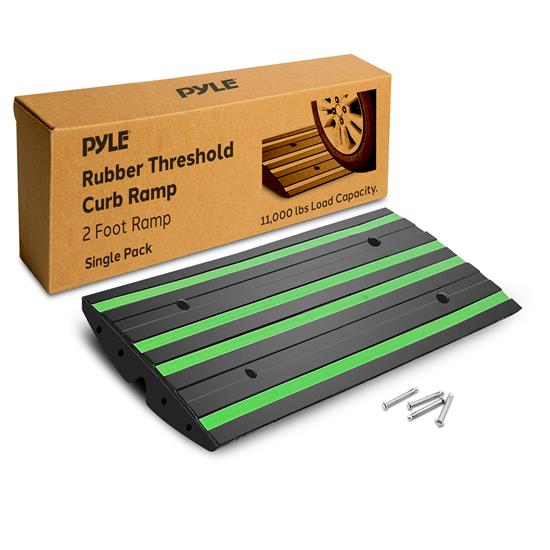 Pyle - PCRMP2SG , On the Road , Protective Storage Covers , 2 Ft. Single Pack Rubber Threshold Curved Curb-Side Ramp with Green Reflective Lighting Strip and Expansion Screws (Green)