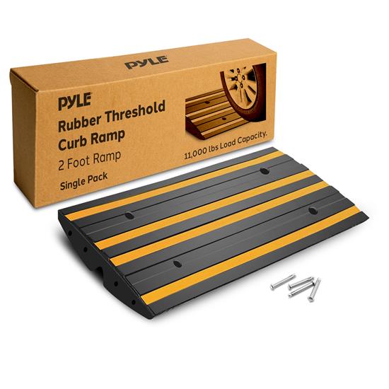 Pyle - PCRMP2SY , On the Road , Protective Storage Covers , 2 Ft. Single Pack Rubber Threshold Curved Curb-Side Ramp with Green Reflective Lighting Strip and Expansion Screws (Yellow)
