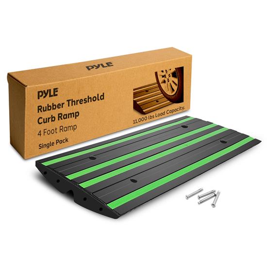 Pyle - PCRMP4SG , On the Road , Protective Storage Covers , 4 ft. Single Pack Rubber Threshold Curved Curb-Side Ramp with Green Reflective Lighting Strip and  Expansion Screws (Green)
