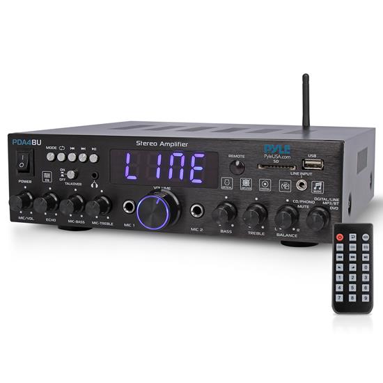 Pyle - PDA4BU.5 , Sound and Recording , Amplifiers - Receivers , Bluetooth Stereo Amplifier Receiver - Optical, Phono, Coaxial, FM Radio, USB & SD Memory Card Readers, Line (3.5 mm) Input, Digital LED Display, Microphone Inputs (200 Watt)
